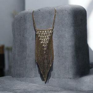 Gold Tone Statement Fringe Necklace | Crystal Bib Chandelier | Fashion Jewelry